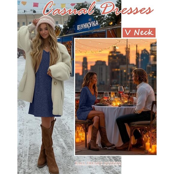 Women's Knit Sweater Dress Casual V-Neck Long Sleeve Fall Outfits - Picture 4 of 6
